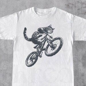 Cat Riding Bicycle T-Shirt | Funny Animal Graphic Tee | Unisex Size M